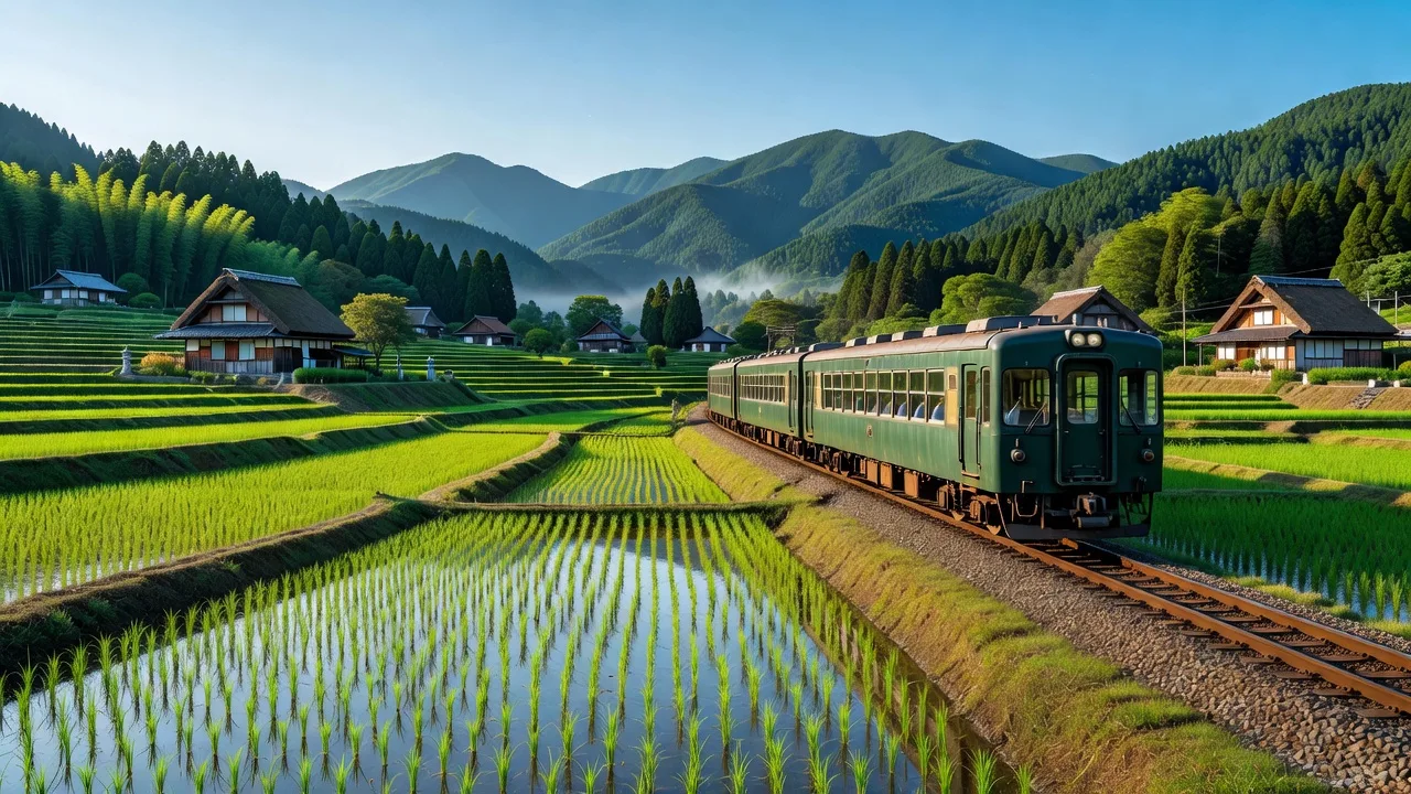 のどかな田園地帯を走るローカル線の車両と車窓の風景