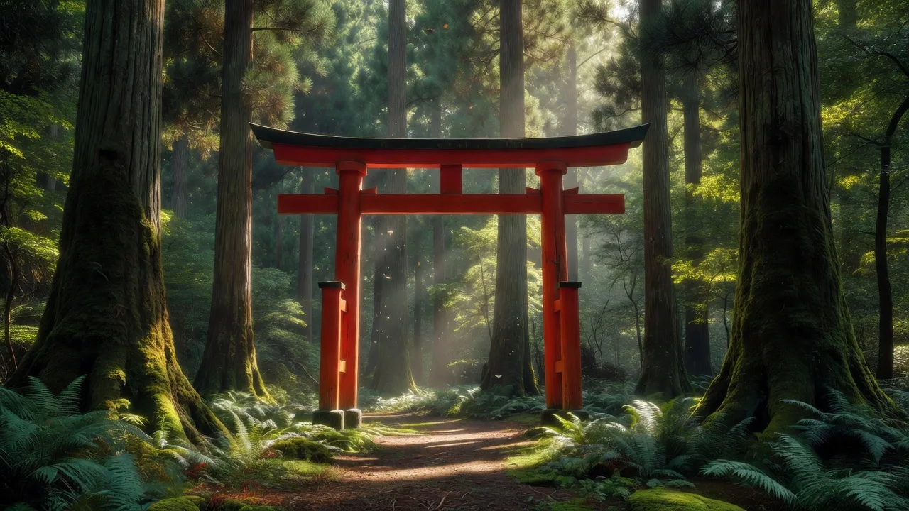 森の中に立つ鳥居と神社への参道
