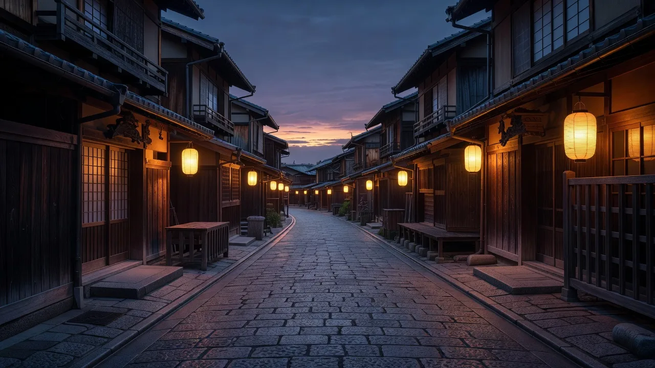 夕暮れに灯りがともる歴史ある町並みの通り