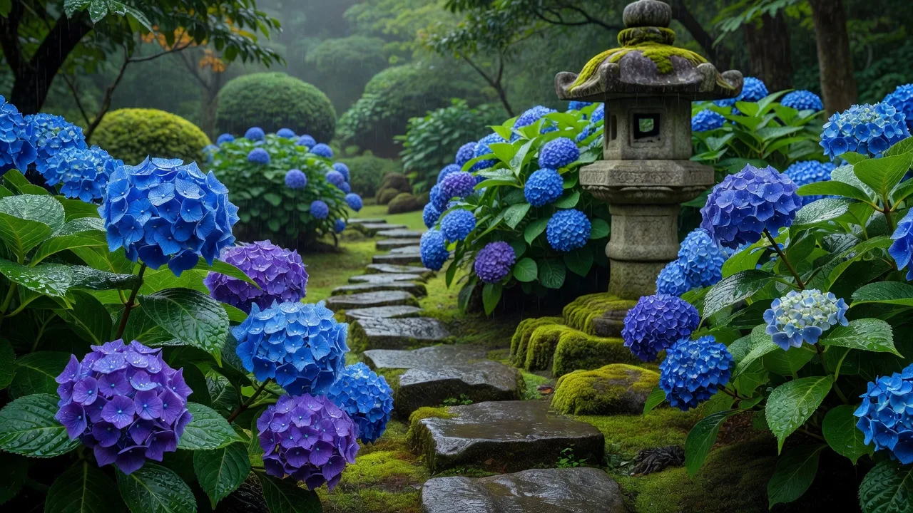 梅雨の時期に咲く紫陽花の庭園