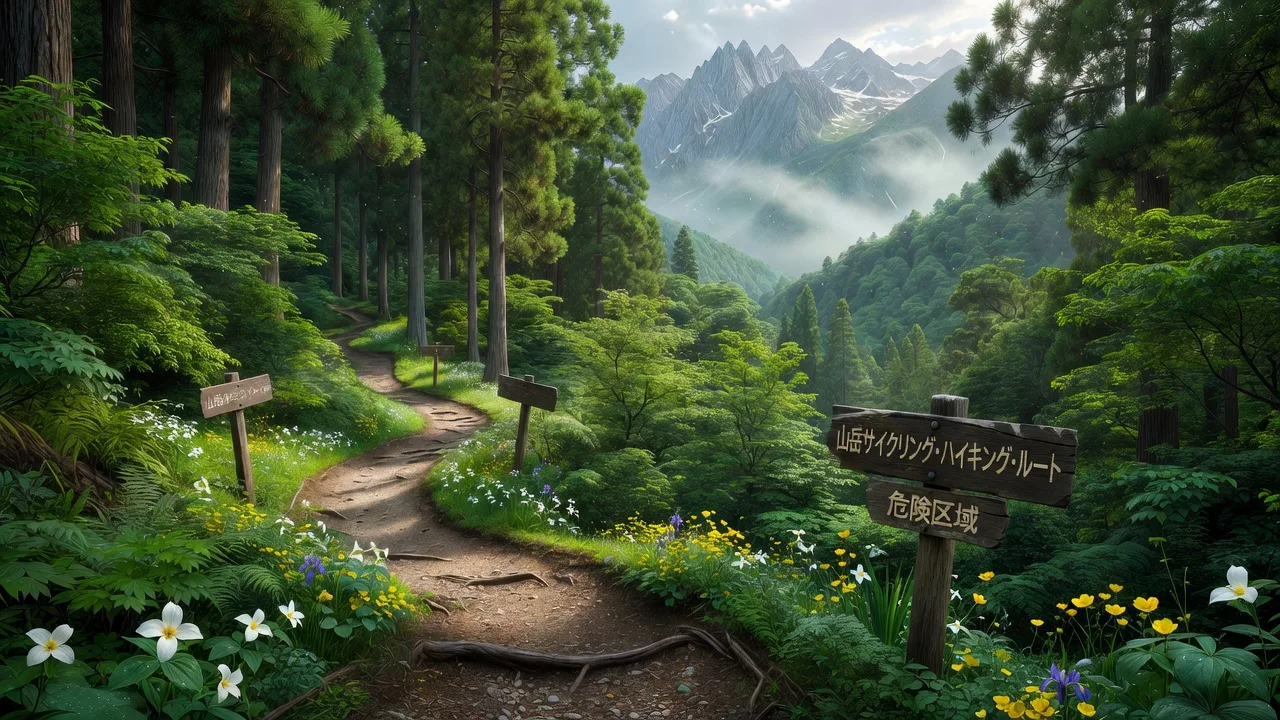 日本アルプスの登山道を歩くハイカーと山並みの風景