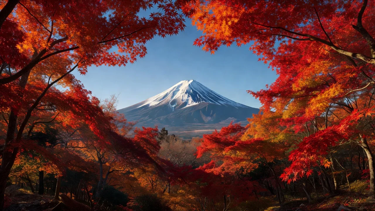 紅葉に彩られた木々越しに見える富士山