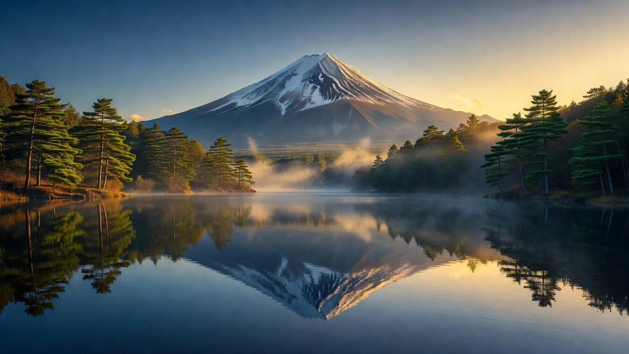 富士五湖のひとつから朝日に照らされる富士山を望む