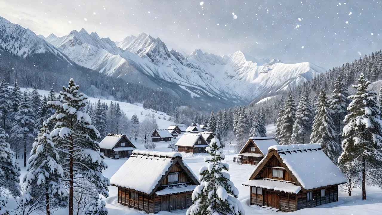 雪に包まれた冬の集落の風景