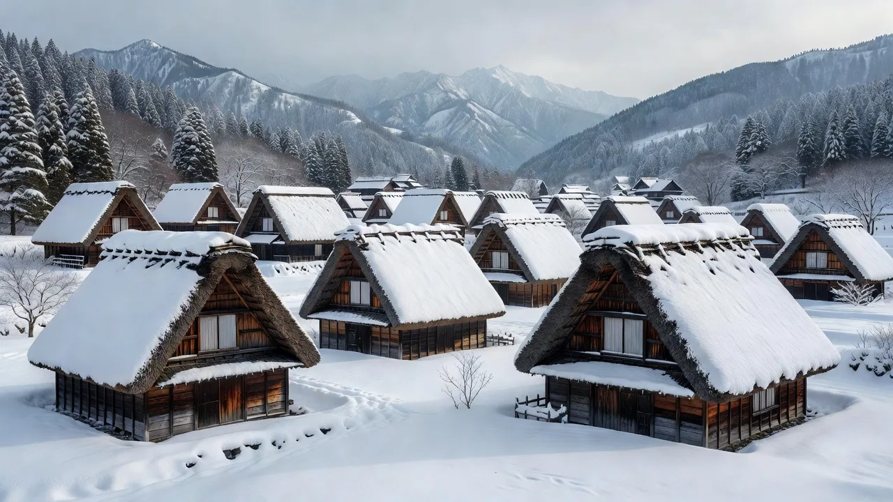 雪に覆われた白川郷の合掌造り集落