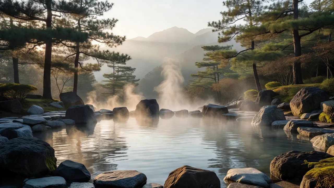森の中に湯気が立ちのぼる静かな温泉の風景